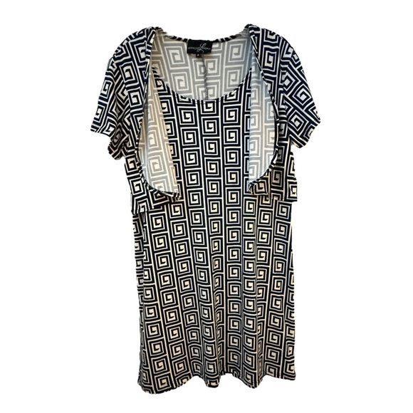 LEXINGTON AVENUE White and Blue Sheath Midi Dress with Flutter Sleeves - Picture 3 of 6